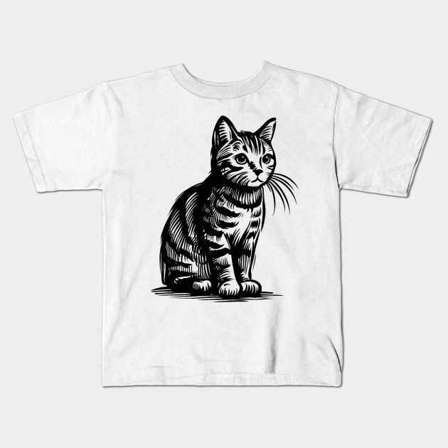 Stick figure cat in black ink Kids T-Shirt by WelshDesigns